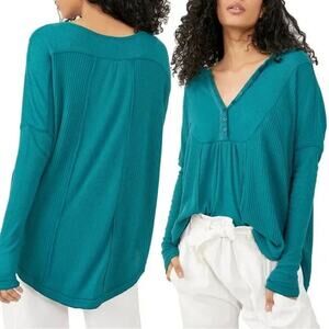 NWT Free People Leo Soft Waffle Ribbed Knit Teal Thermal Henley Shirt Size XS